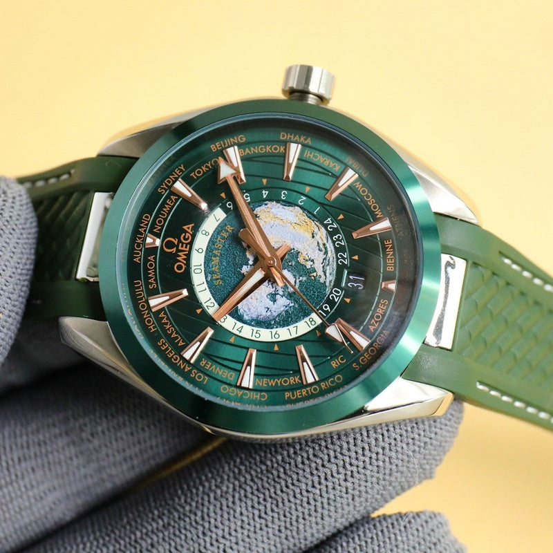 Omega Seamaster Aqua Terra 150m Co Axial Master Chronometer GMT Worldtimer Mens Watch Green Rubber - Master Copy
