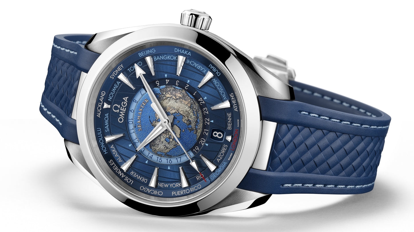 OMEGA Seamaster Aqua Terra Steel & Blue GMT Worldtimer Watch - Master Copy