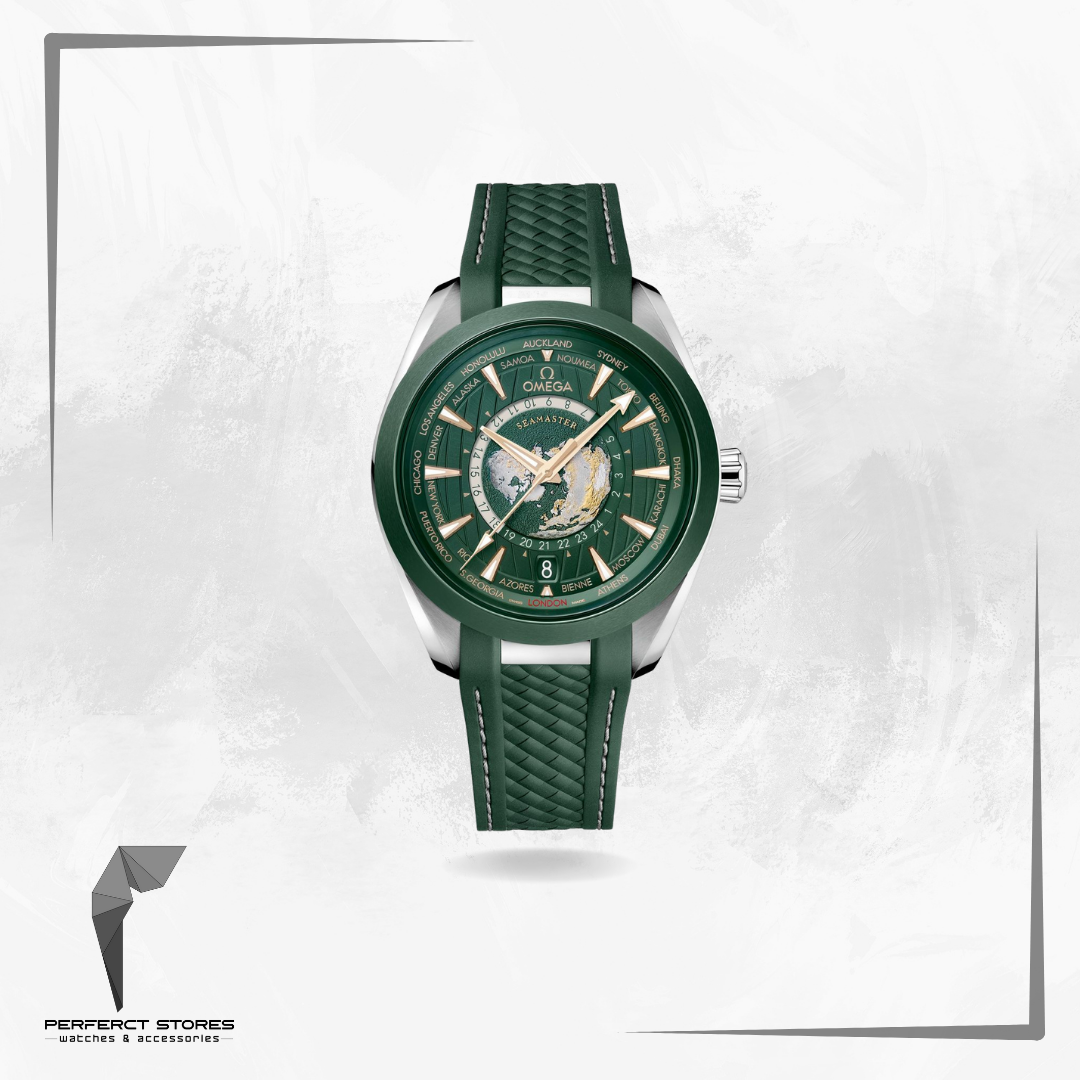 Omega Seamaster Aqua Terra 150m Co Axial Master Chronometer GMT Worldtimer Mens Watch Green Rubber - Master Copy