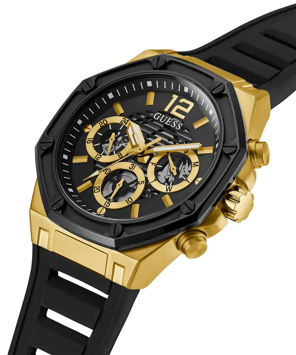 Guess W0263G1 Gold Tone Case Black Silicone Watch Men - Original