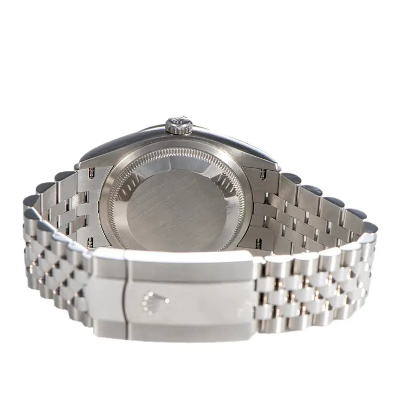 Rolex Datejust featuring an olive green palm motif dial, a stainless steel Jubilee bracelet