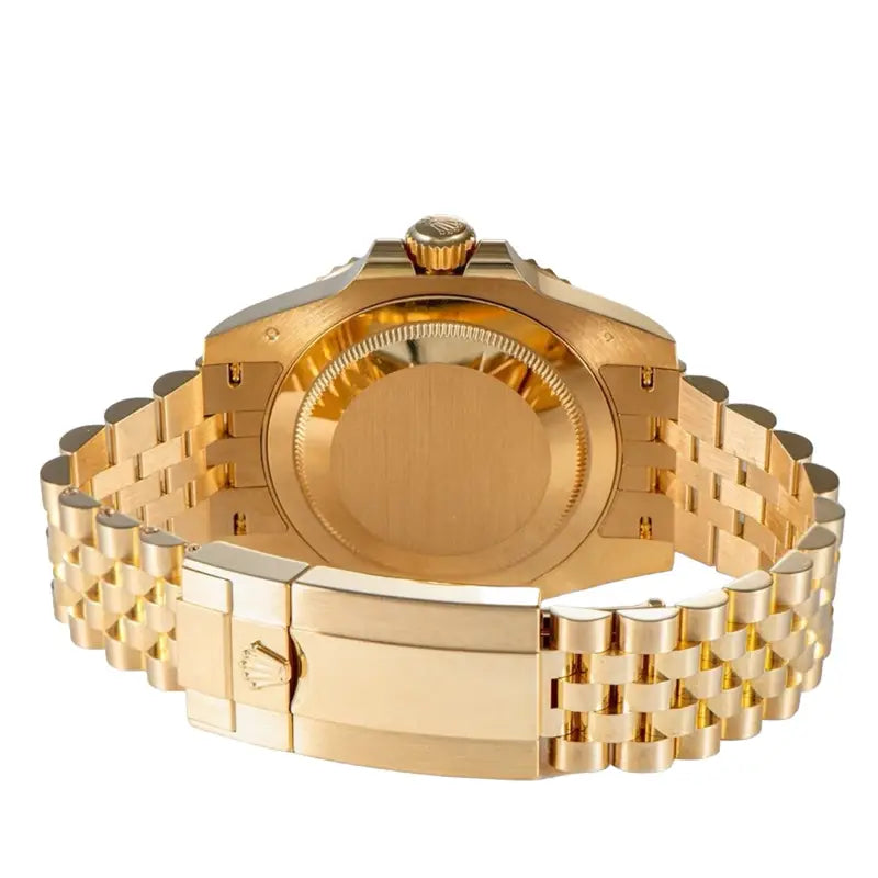Rolex GMT-Master, likely reference 126718GRNR, featuring an yellow gold case and a Jubilee bracelet.