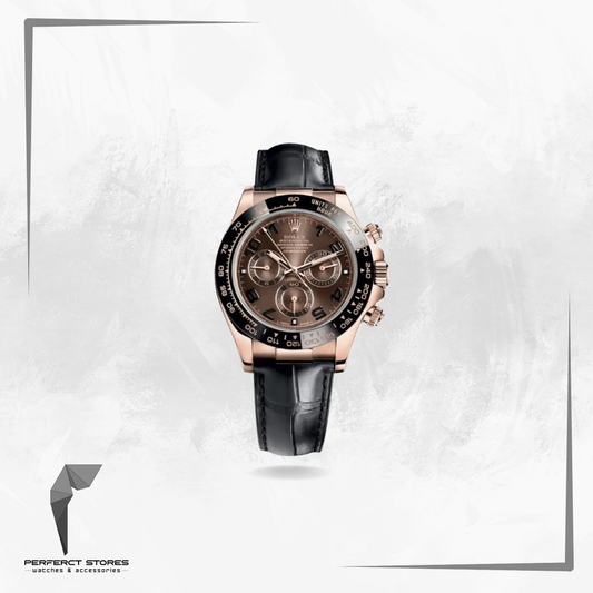 Rolex  Daytona model 116515LN featuring a Rose gold case, a chocolate dial , a black bezel, and a black leather strap.