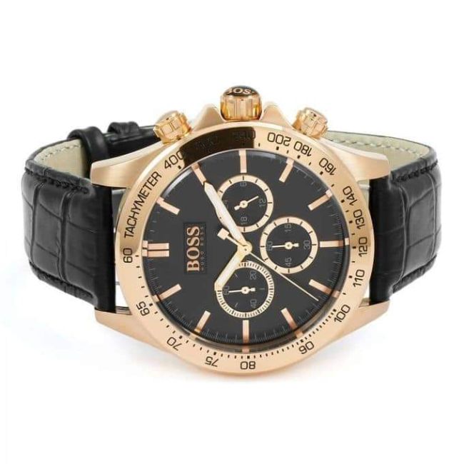 ikon rose gold black leather mens watch 1513179