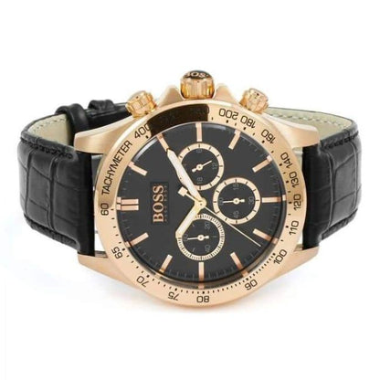 ikon rose gold black leather mens watch 1513179