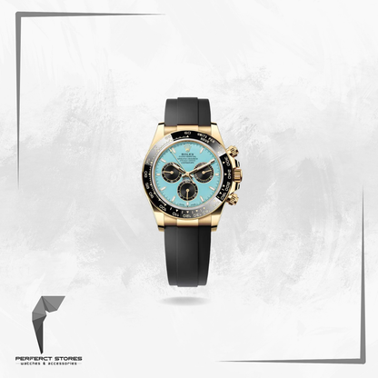 Rolex Daytona model 126518LN-0014, featuring a turquoise blue dial and a black bracelet.