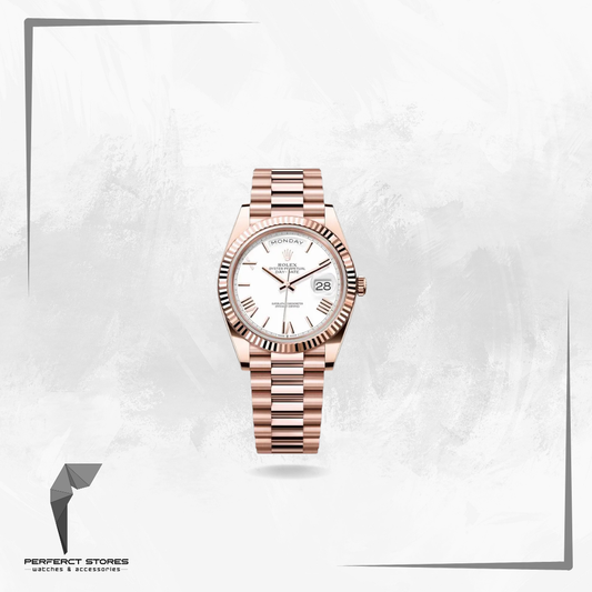 Rolex Day-Date Rose gold with a white Roman numeral dial and a fluted bezel for women