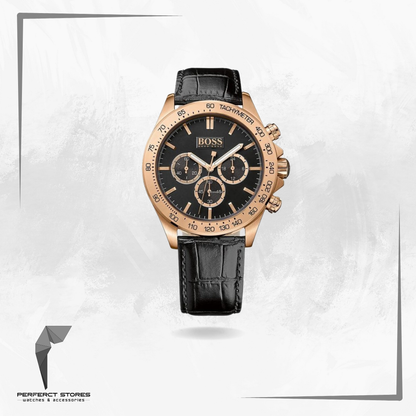 ikon rose gold black leather mens watch 1513179