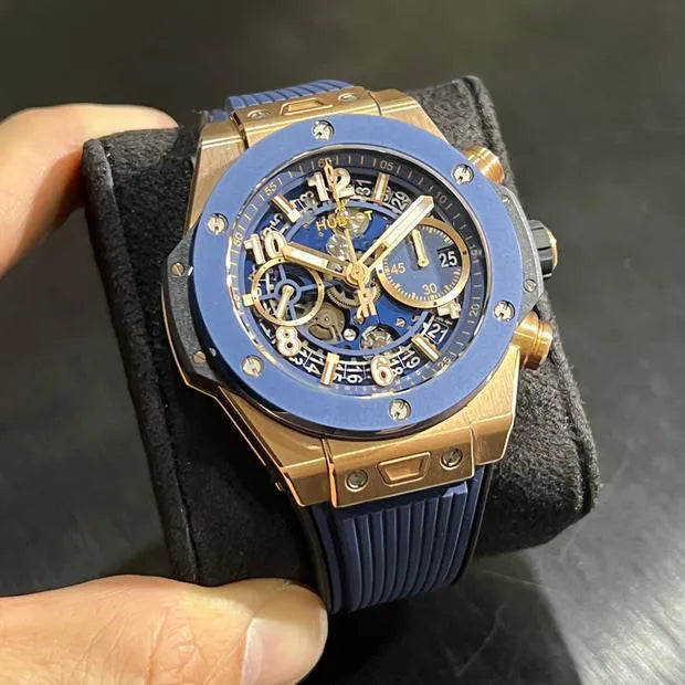Hublot Watch Big Bang Rose gold Blue Rubber Strap 44mm - Master Copy