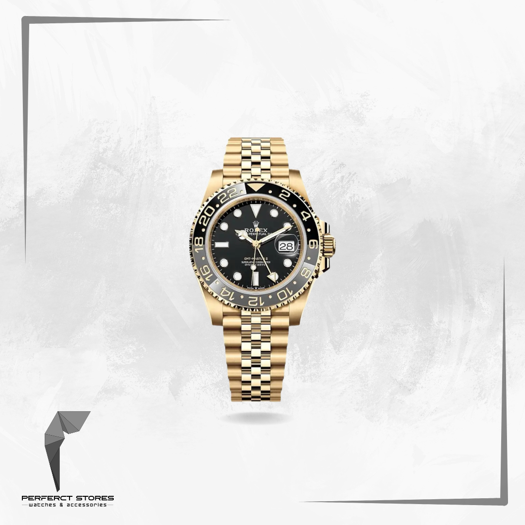 Rolex GMT-Master, likely reference 126718GRNR, featuring an yellow gold case and a Jubilee bracelet.