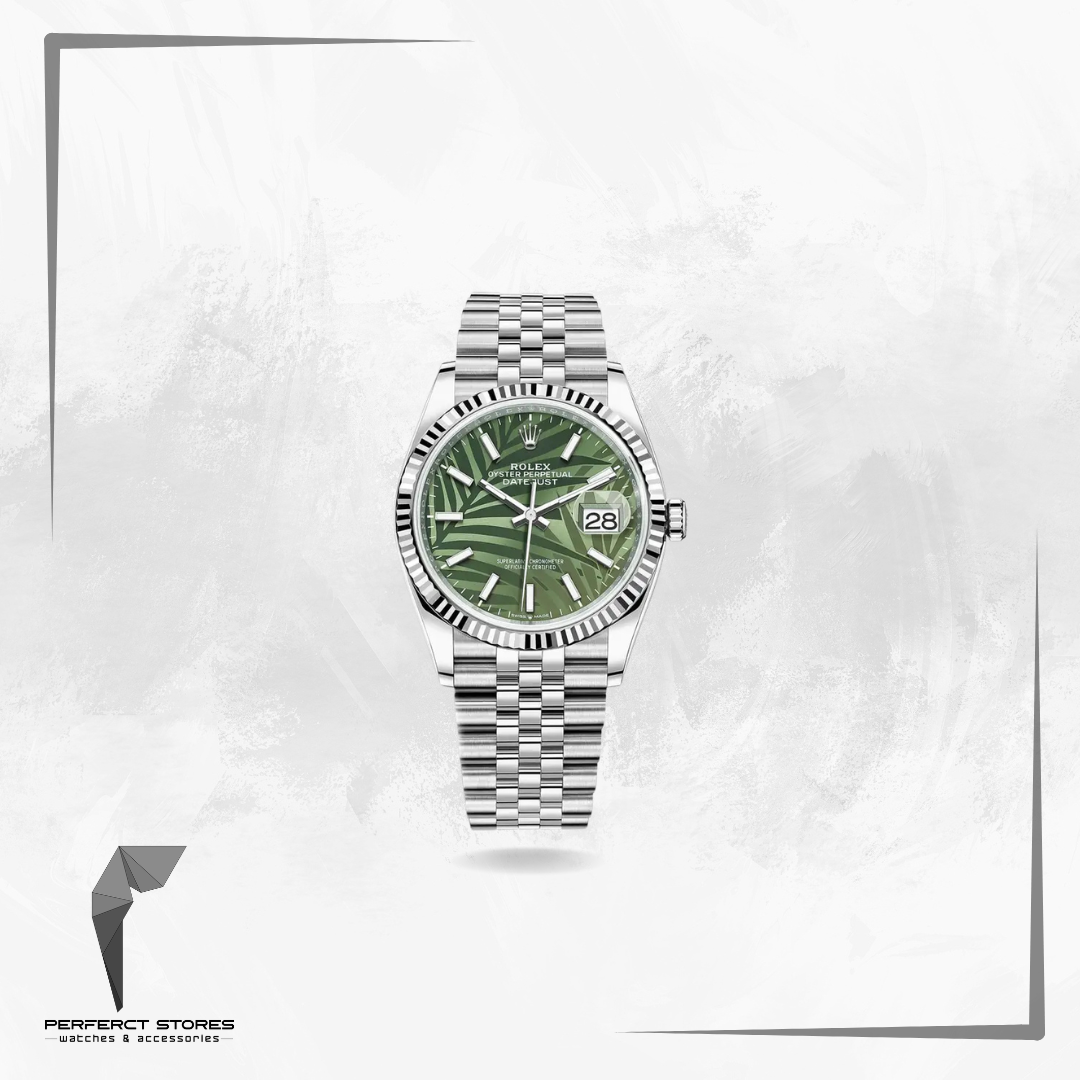 Rolex Datejust featuring an olive green palm motif dial, a stainless steel Jubilee bracelet