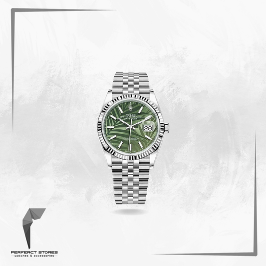 Rolex Datejust featuring an olive green palm motif dial, a stainless steel Jubilee bracelet