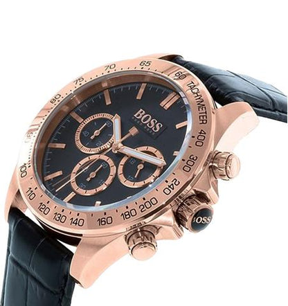 ikon rose gold black leather mens watch 1513179