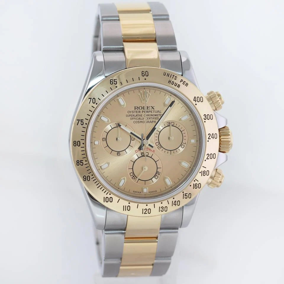 Rolex Daytona specifically model 116503, which features a two-tone yellow gold and stainless steel design with gold dial