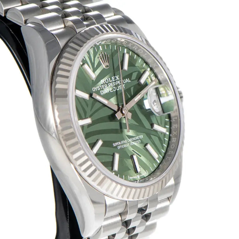Rolex Datejust featuring an olive green palm motif dial, a stainless steel Jubilee bracelet