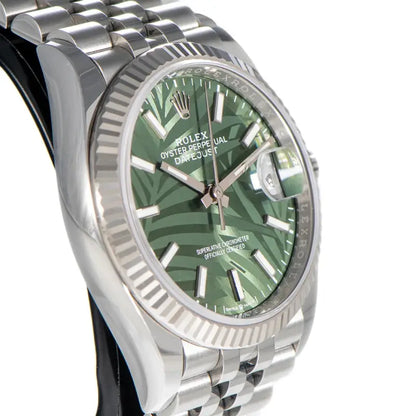Rolex Datejust featuring an olive green palm motif dial, a stainless steel Jubilee bracelet