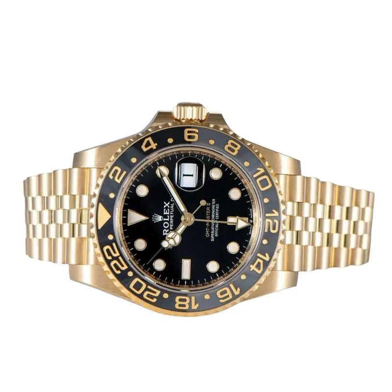 Rolex GMT-Master, likely reference 126718GRNR, featuring an yellow gold case and a Jubilee bracelet.