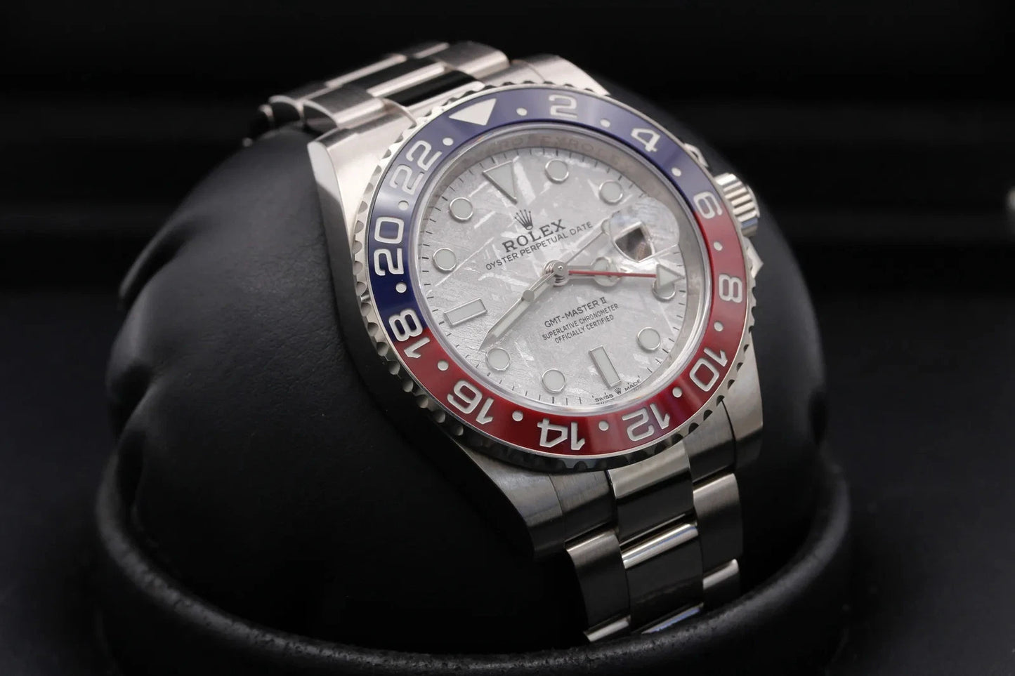 Rolex GMT-Master featuring a unique meteorite dial and a blue and red ceramic "Pepsi" bezel.